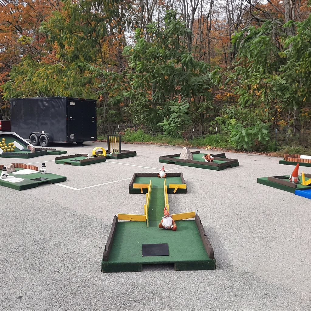 A full Steel City mobile mini golf course laid out across a paved lot outdoors