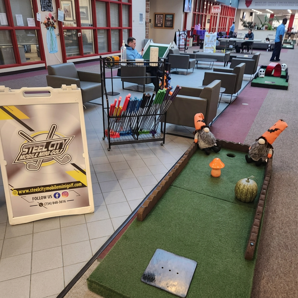 Steel City mobile mini golf with Halloween gnomes set up in an indoor college lounge