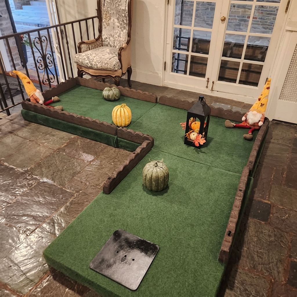 A fall-themed Steel City mini golf hole with pumpkins and gnomes set up on a stone porch